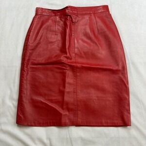 Vera Pelle Red Leather Pencil Skirt Midi Italy Size 44 US 10 High Waist Vintage